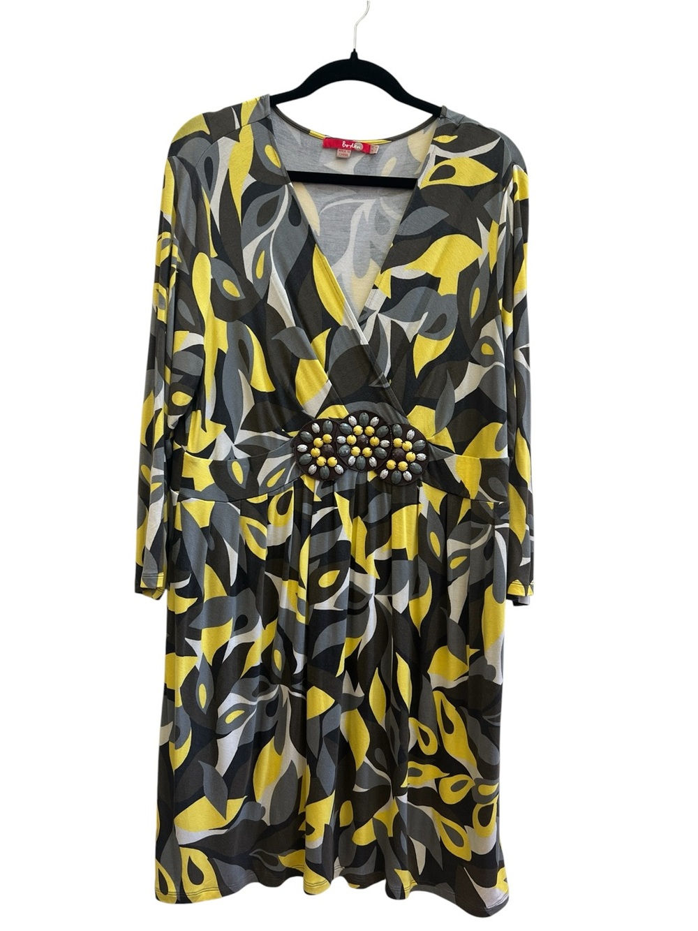 Boden Yellow Gray Abstract Floral Beaded Empire Waist Jersey Dress US 16R Brunch - Picture 2 of 7